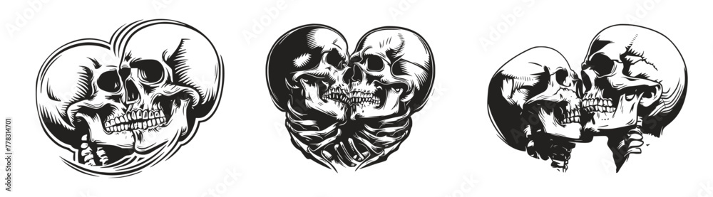 Couple of skull kissing each other vintage style retro, Generative Ai