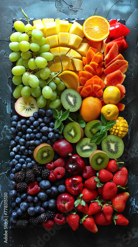 A vibrant fruit platter arranged in a rainbow pattern