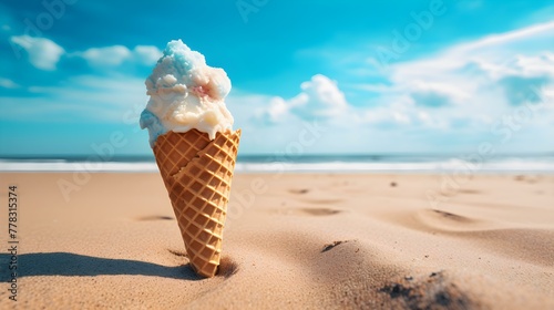 Close up of a multicolor Ice Cream Cone at the Beach. Beautiful Summer Vacation Background