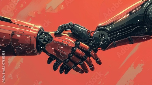 Futuristic illustration of a robot and human hand in a handshake, symbolizing AIhuman collaboration in the modern workforce photo