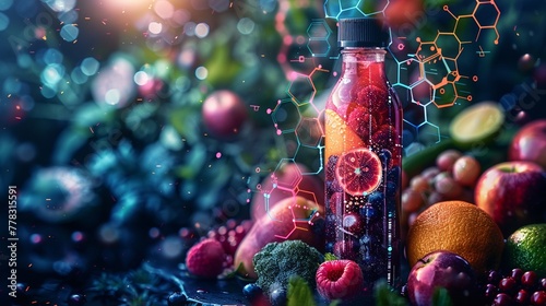Futuristic illustration of a juice bottle enriched with a microbiome complex, surrounded by a halo of fruits, vegetables, and vibrant molecular diagrams indicating health benefits