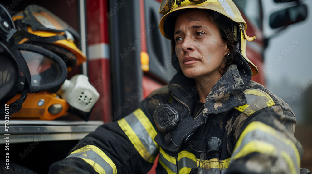 Retrato de una mujer bombero junto a un camión de bomberos Retrato de una mujer bombero junto a un camión de bomberos