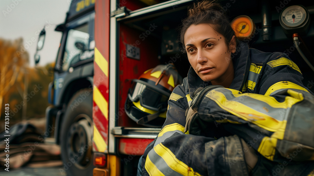 Retrato de una mujer bombero junto a un camión de bomberos Retrato de una mujer bombero junto a un camión de bomberos