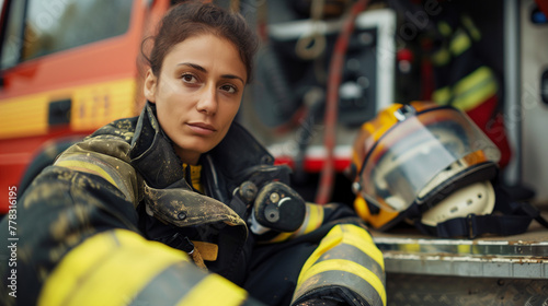 Retrato de una mujer bombero junto a un camión de bomberos