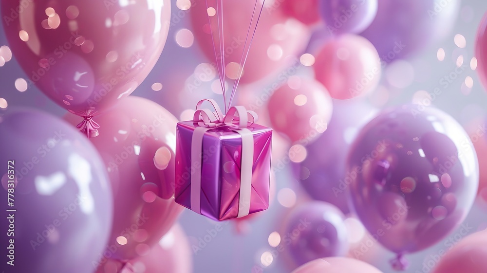 Present dangles from glossy balloons, poised in a lavender-hued space