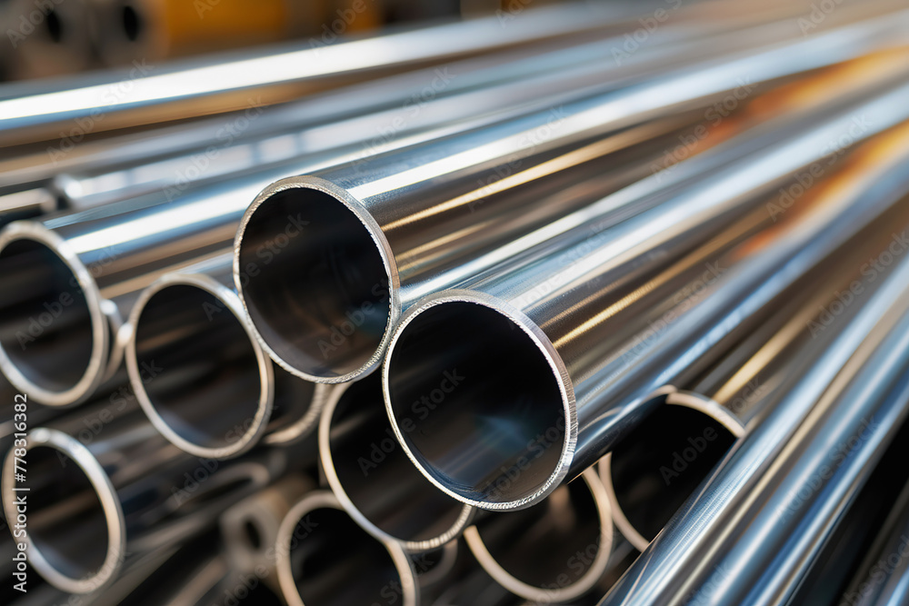 Close up of shiny steel pipes stacked in a warehouse Close up of shiny steel pipes stacked in a warehouse