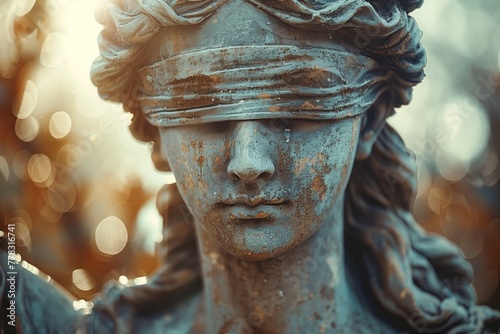 Aged statue of blindfolded woman photo