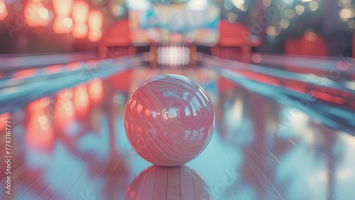 Sharp focus on gleaming white pins contrasted by a vivid bowling sphere