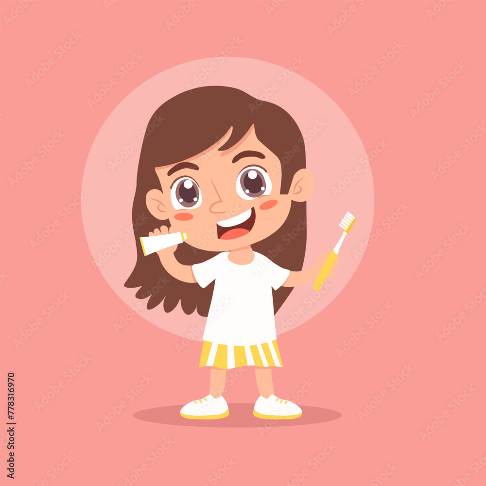 Happy girl brushing her teeth
with toothpaste and brush.Vector illustration.