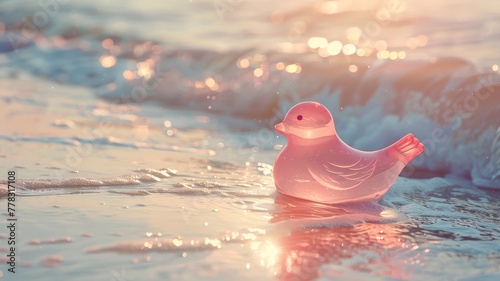 Glossy pink bird-shaped float on shorefront touched by sea photo