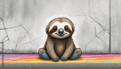   A painting of a sloth sitting on the ground with crossed legs and feet, against a backdrop of a wall photo