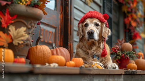 Dog in red horned hat guards festive autumn porch