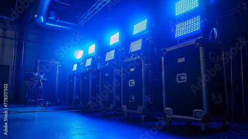Backstage equipment cases under a blue stage light