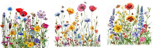 Colorful meadow and garden flowers with insects