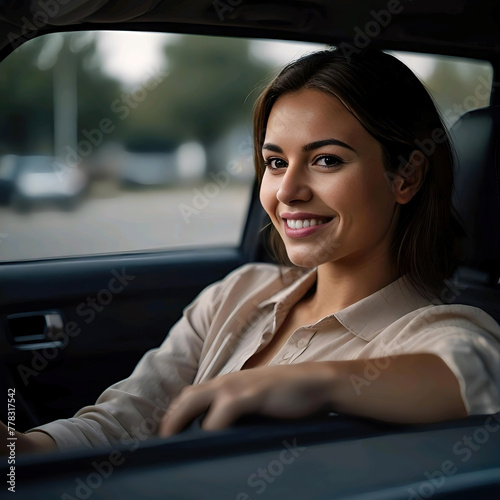 Mujer con una camisa color veige sonriendo dentro de un coche con el brazo en la ventanilla photo