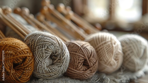 Earth-toned wool skeins arranged with knitting needles