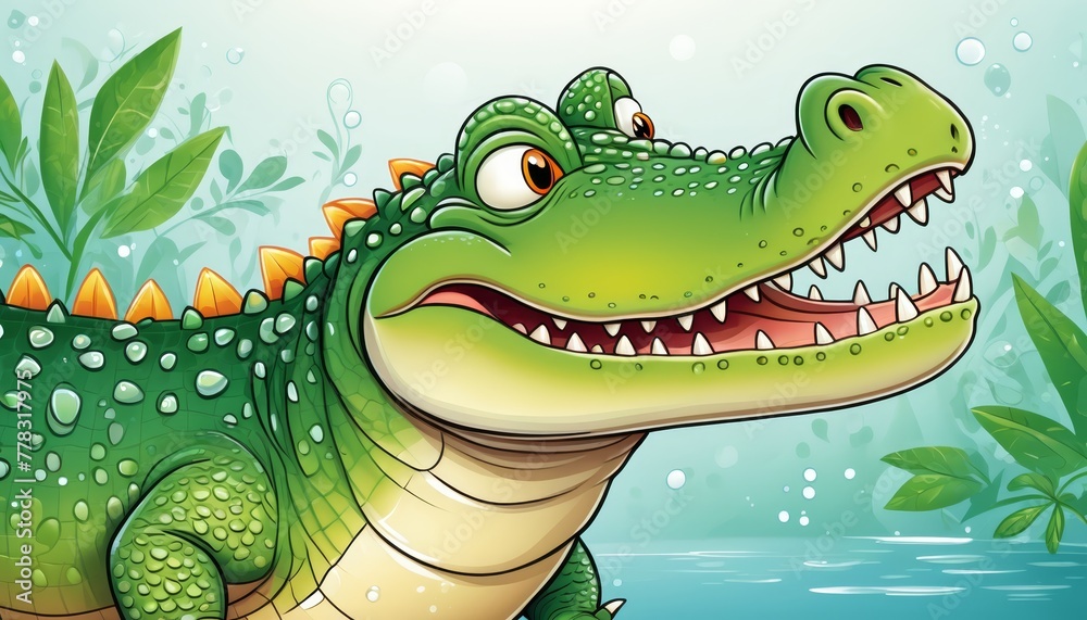 Fototapeta premium A cartoon crocodile, mouth agape with wide-spreading teeth, swims in the water Background includes aquatic plants and water lilies