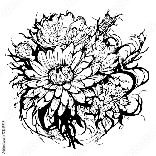 Beautiful monochrome  black and white bouquet of isolated chrysanthemums. for greeting cards and invitations for weddings  birthdays  Valentine s Day  Mother s Day and other seasonal holiday illustrat