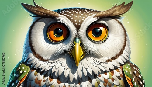  A tight shot of an owl with vibrant orange eyes and a pristine white body speckled by brown spots on its head