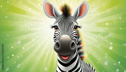  A near view of a zebra s face against a green backdrop  adorned with sunbursts