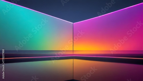 Flat screen ultra slim futuristic LED televisionscreen. Background with abstract and surreal shapes and iridescent colors of yellow, pink, green, orange.