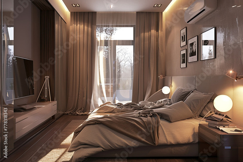 Imagine the interior of a tranquil family bedroom bathed in natural light coming through the window © Sattawat