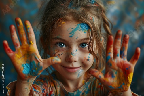 a young happy girl holding her hands up with paint on them, high resolution, medium-full shots