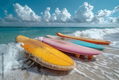 Group of Surfboards on Sandy Beach © D