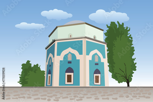Bursa Green Tomb (Yesil Turbe) vector illustration. Green shrine behind trees and with  blue cloudy sky