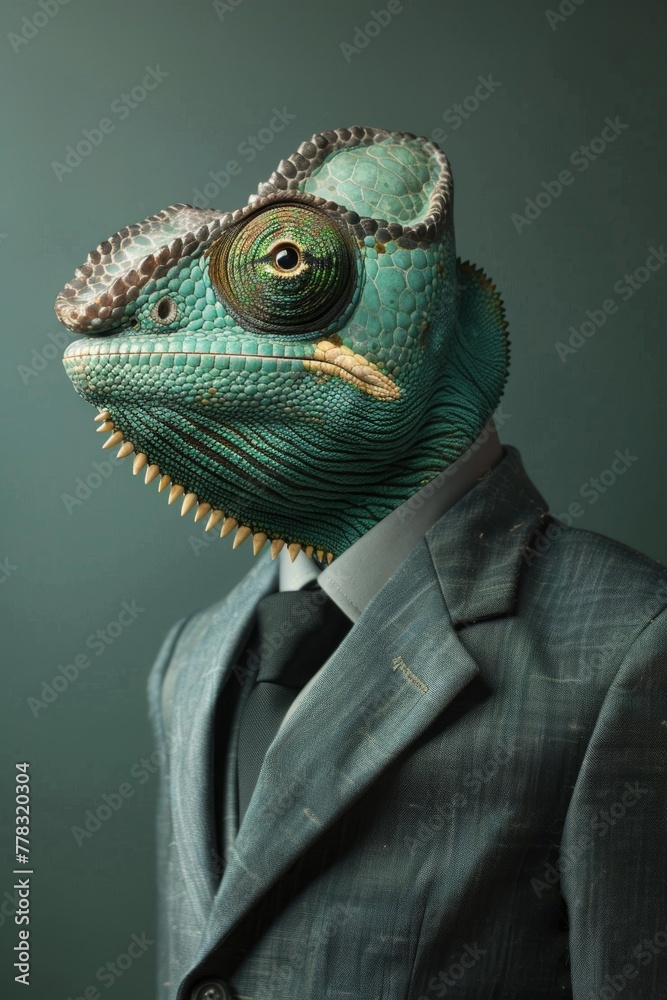 Realistic image of a chameleon in a suit, working in advertising with changing trends