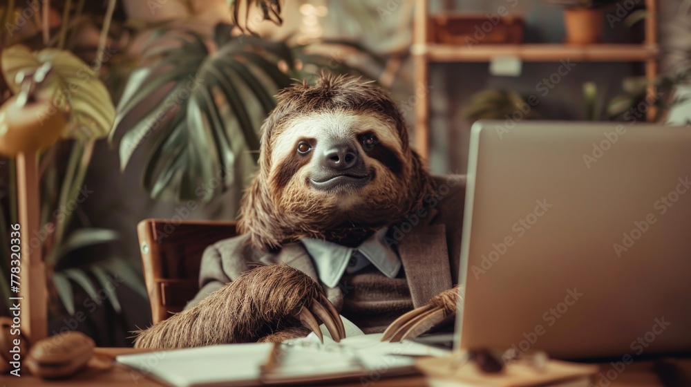 Fototapeta premium Sloth in a suit, managing time efficiently as a planner with laptop
