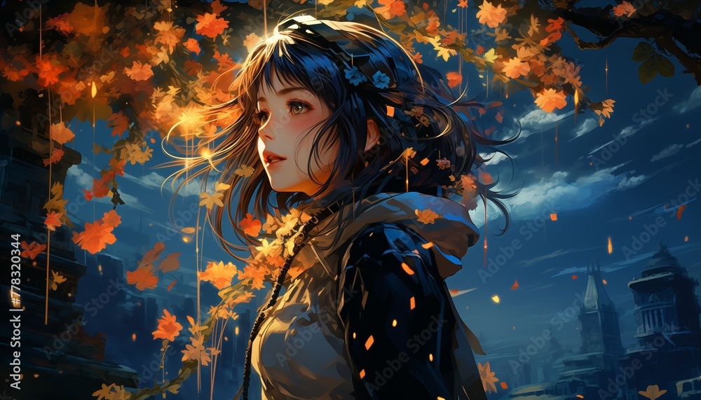 anime girl standing between fall leaves with a city background anime girl standing between fall leaves with a city background