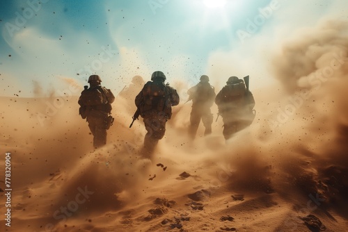 Soldiers marching through a desert storm photo
