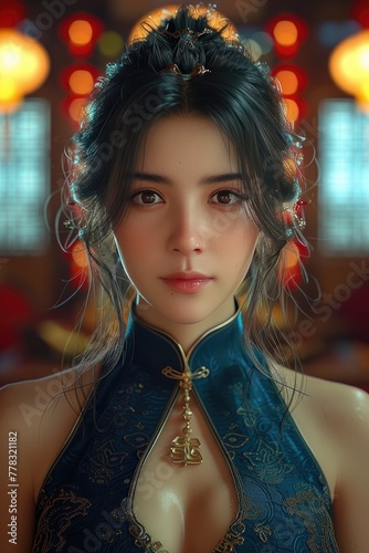 Serene Chinese Woman Embracing Tradition in Qiong Yao Garb photo