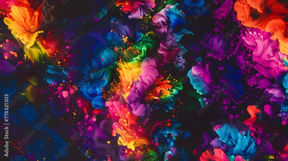 Vibrant Abstract Color Splatter Artwork. This image showcases a dynamic and colorful abstract pattern created by a multitude of vibrant splatters and splashes