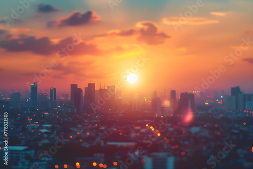 Blur city background of blurry sunrise or happy golden hour sunset evening with heatwave and cityscape buildings skyline backdrop.