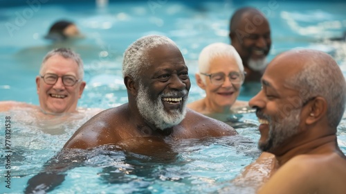 Older diverse group of men enjoying a swim together in a pool