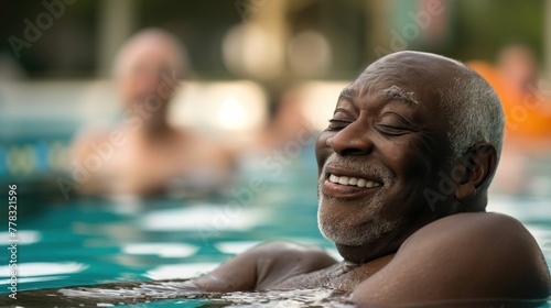 A Black man with closed eyes enjoying a moment in a swimming pool