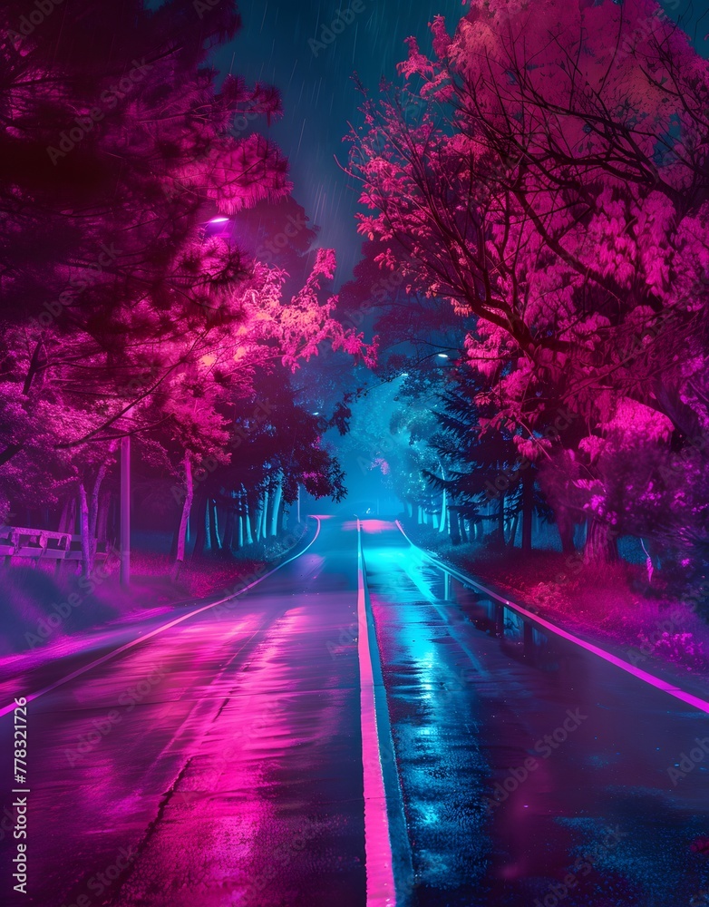 A road with neon trees in the background and a neon-pink sky