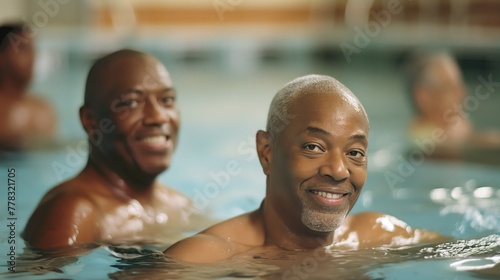 Two Black men enjoying a swim in a pool