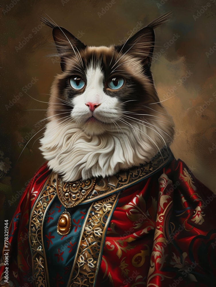 A Savannah Cat Breed wearing renaissance cloths portrait