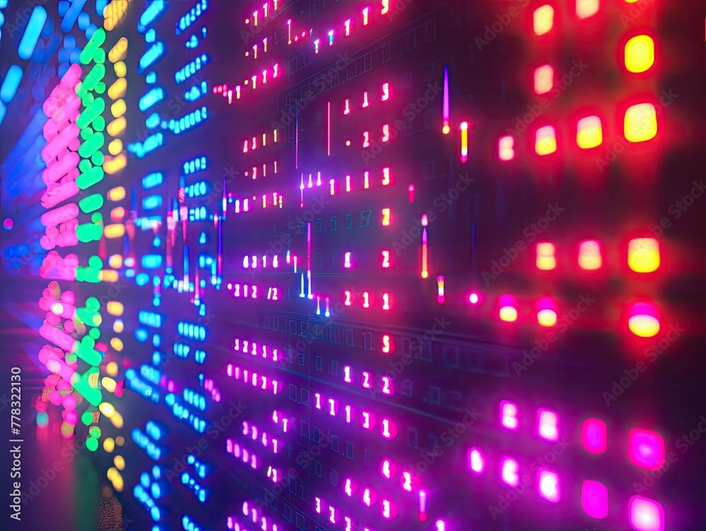 Illuminated stock market exchange board with rising and falling stocks in neon colors