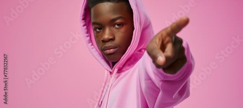 A black teenager pointing his finger wearing pink hoodie, advertisement product shoot on a pink background