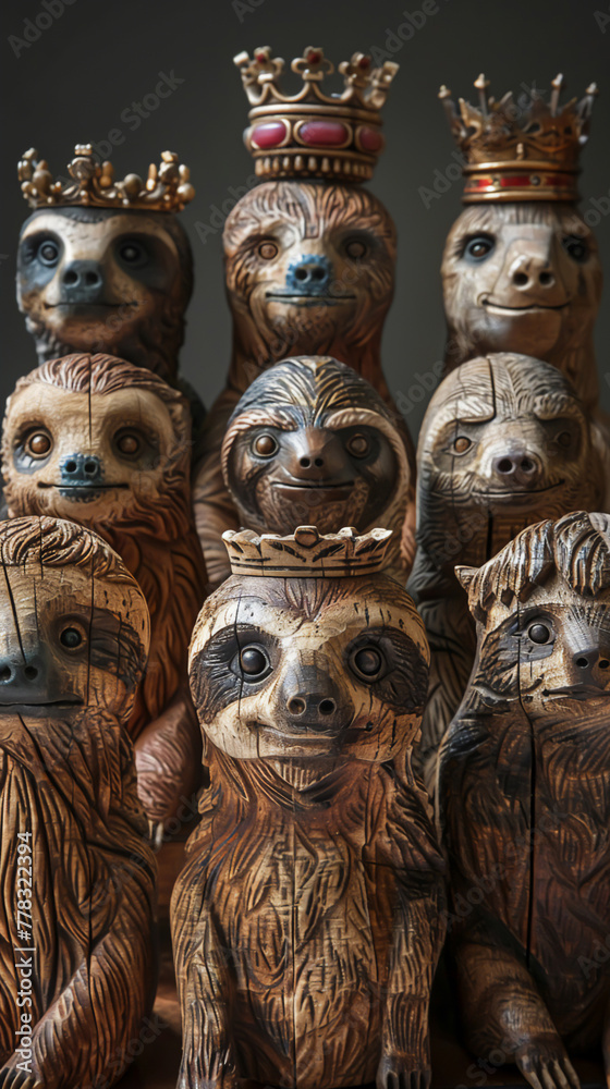 A chess set where all the pieces are intricately carved in the likeness of sloths, the kings and queens adorned with miniature crowns