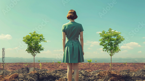 A businesswoman plants a tree for every ethical decision made, creating a forest representing her contributions to the worlda  s generosity, standing in stark contrast to the barren lands of greed photo