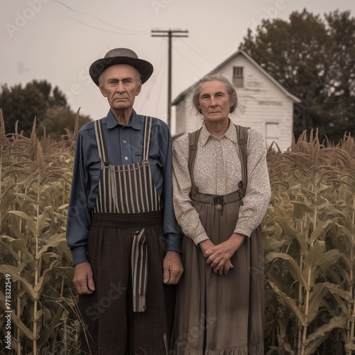 portrait of a Vintage Farming Couple in Cornfield with their house in the background