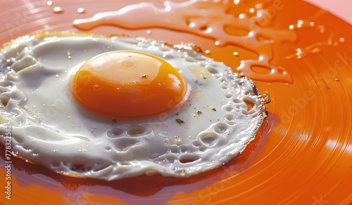 Sunny side up egg on vibrant orange surface for breakfast