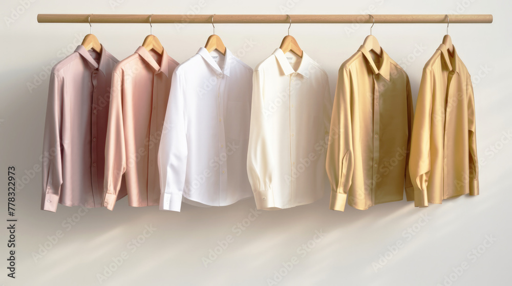 Minimal fashion clothes concept. Male shirts hanging on wooden hangers against a plain background. White, and beige colors. Wardrobe, clothing storage, showroom, fashion store.