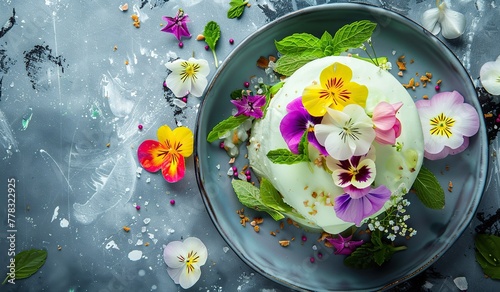 gourmet dessert with edible flowers and mint leaves on elegant plate