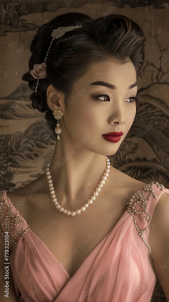 elegant woman in pink vintage dress with pearls